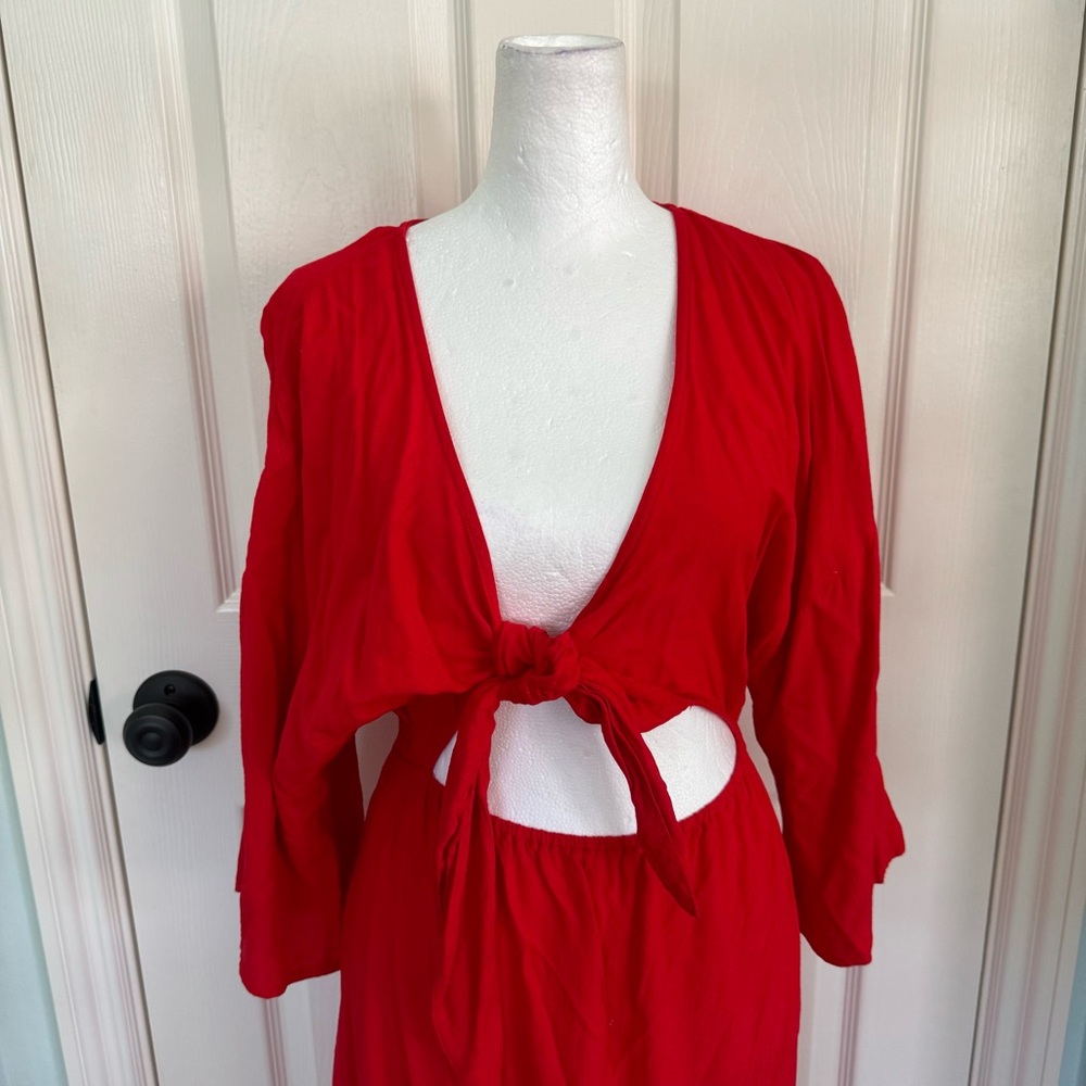 By Anthropologie Tie-Front Cover up Red Dress - Picture 9 of 11